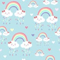 Blue kawaii seamless pattern with rainbow,cloud,heart and rain element