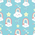 Blue kawaii seamless pattern with rainbow,star,rain,cloud