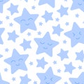 Blue kawaii stars, cute seamless pattern for babies, kids print. Vector illustration on white background