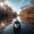 Blue kayak on calm lake with clear blue sky, created using generative ai technology