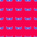 Blue Kayak and paddle icon isolated seamless pattern on red background. Kayak and canoe for fishing and tourism. Outdoor