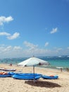 Blue Kayaks and white big umbrella Royalty Free Stock Photo