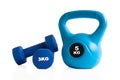 Blue kettlebell and dumbbell equipment for fitness exercise Royalty Free Stock Photo