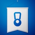 Blue Kettlebell icon isolated on blue background. Sport equipment. White pennant template. Vector Illustration. Royalty Free Stock Photo