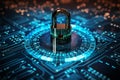 Blue keylock embodies binary code, symbolizing cybersecurity principles
