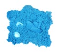 Blue kinetic sand and toys on white background, top view Royalty Free Stock Photo