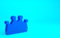 Blue King crown icon isolated on blue background. Minimalism concept. 3d illustration 3D render