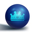 Blue King crown icon isolated on white background. Blue circle button. Vector