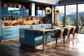 Blue kitchen design.Generative AI Royalty Free Stock Photo