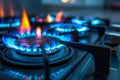 Blue kitchen gas stove flame in kitchen Royalty Free Stock Photo