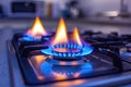 Blue kitchen gas stove flame in kitchen Royalty Free Stock Photo