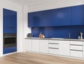 Blue kitchen interior with shelves and kitchenware, cooking area Royalty Free Stock Photo