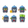 Blue kitchen pan cartoon character with cute emoticon bring money Royalty Free Stock Photo