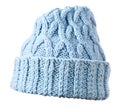 Blue knitted hat on white background