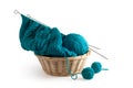 Blue knitting and clews in the basket