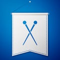 Blue Knitting needles icon isolated on blue background. Label for hand made, knitting or tailor shop. White pennant