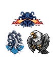 Blue kraken octopus breathing fire two headed dragon and bald eagle emblems fire breathing Royalty Free Stock Photo
