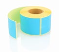 Blue label roll on white background with shadow reflection. Color reel of labels for printers. Royalty Free Stock Photo