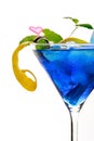 Blue lagoon cocktail with blue curacao liqueur, vodka, lemon juice and soda. Blue cocktail in martini glasses on black background Royalty Free Stock Photo