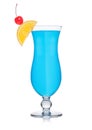 Blue lagoon cocktail classic glass with orange slice and sweet cherry on white