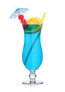 Blue lagoon cocktail classic glass with straw and orange slice with sweet cherry and umbrella on white