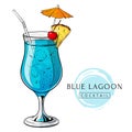 Blue lagoon cocktail, hand drawn alcohol drink with pineapple slice, cherry and umbrella. Vector illustration on white Royalty Free Stock Photo