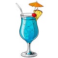 Blue lagoon cocktail, hand drawn alcohol drink with pineapple slice, cherry and umbrella. Vector illustration on white Royalty Free Stock Photo