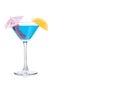 Blue lagoon cocktail in martini glass with orange slice and sweet cherry with umbrella on white Royalty Free Stock Photo