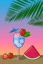 blue lagoon cocktail and berry on a palm tree background in the evening. Sunset. Flat cartoon vector illustration