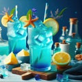 Blue Lagoon drink, lemon syrup, lemon soda, blue dye, ice, drinks concept