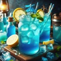 Blue Lagoon drink, lemon syrup, lemon soda, blue dye, ice, drinks concept