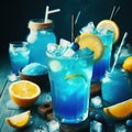 Blue Lagoon drink, lemon syrup, lemon soda, blue dye, ice, drinks concept