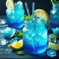 Blue Lagoon drink, lemon syrup, lemon soda, blue dye, ice, drinks concept