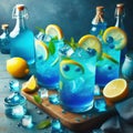 Blue Lagoon drink, lemon syrup, lemon soda, blue dye, ice, drinks concept