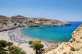 Blue lagoon with sandy beach of Matala town on Crete island, Greece Royalty Free Stock Photo