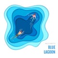 Blue lagoon with swimming people paper cut art style design