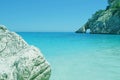 Blue lagoone with cliffs and stone / Cala Goloritze, Sardinia Royalty Free Stock Photo