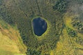 Blue lake in forest. Aerial view of round shaped pond in autumn forest