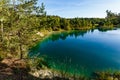 Blue lake in forest  on bright sunny day, rural landscape. Trees reflections on water surface. Fresh air concept Royalty Free Stock Photo