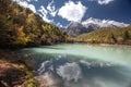 Blue lake in the Himalayas tibet mountains with trees and blue sky in China at autumn