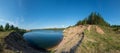 Blue lake panorama. Blue sky with clouds. Royalty Free Stock Photo