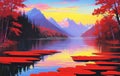 Blue Lake serene trees forest landscape illustration. Ai generated