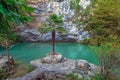 Blue lake in the autumn. Abkhazia, near the lake Ritsa. Royalty Free Stock Photo