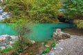 Blue lake in the autumn. Abkhazia, near the lake Ritsa. Royalty Free Stock Photo