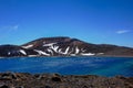 Blue lake on tongariro crossing with snow covered mountain Royalty Free Stock Photo