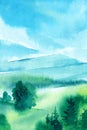 Blue landscape with mountains, sky, clouds, green meadow. Hand drawn nature background. Spring watercolor illustration Royalty Free Stock Photo