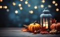 Blue lantern with burning candle on wooden floor decorated in autumnal style, pumpkins, maple leaves. Blurred bokeh lights. Royalty Free Stock Photo