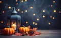 Blue lantern with burning candle on wooden floor decorated in autumnal style, pumpkins, maple leaves. Blurred bokeh lights. Royalty Free Stock Photo