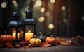 Blue lantern with burning candle on wooden floor decorated in autumnal style, pumpkins, maple leaves. Blurred bokeh lights. Royalty Free Stock Photo