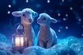 Blue lantern casts celestial glow on two adorable lambs